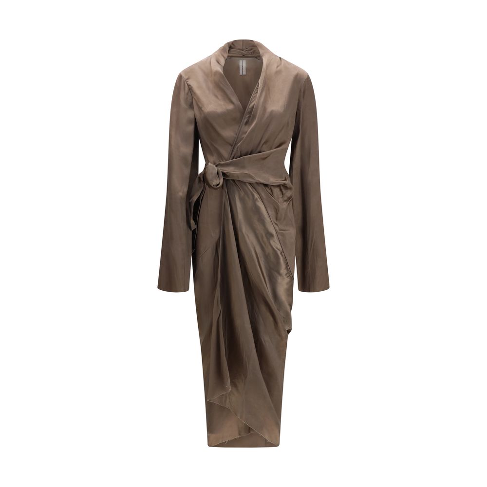 Dress by Rick Owens for women in cupro brown, copper & natural presents a sinuous silhouette, showcasing a sophisticated wrap asymmetric neckline and long-sleeve detailed with a sinuous long for a refined finish.