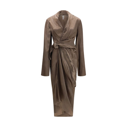 Dress by Rick Owens for women in cupro brown, copper & natural presents a sinuous silhouette, showcasing a sophisticated wrap asymmetric neckline and long-sleeve detailed with a sinuous long for a refined finish.