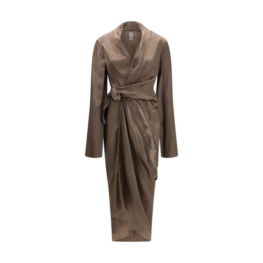 Dress by Rick Owens for women in cupro brown, copper & natural presents a sinuous silhouette, showcasing a sophisticated wrap asymmetric neckline and long-sleeve detailed with a sinuous long for a refined finish.