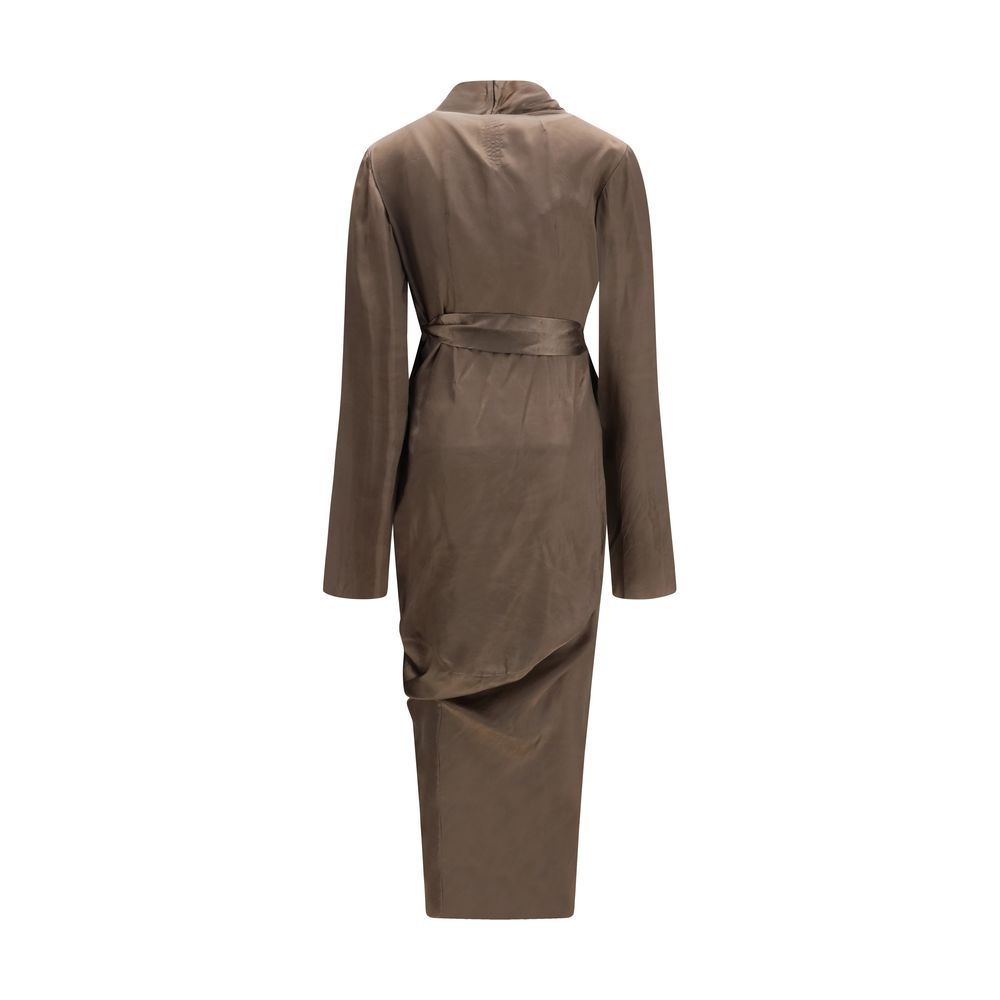 Dress by Rick Owens for women in cupro brown, copper & natural features an eye catching silhouette with a sophisticated wrap asymmetric neckline, elegant , and a refined long for a eye catching aesthetic.