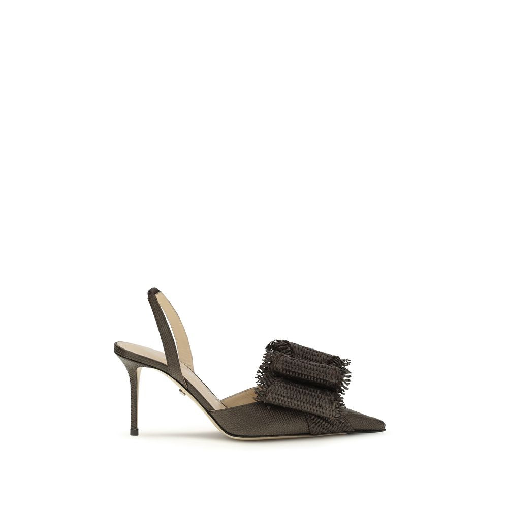 Stiletto Slingback Pumps Heels by MACH & MACH for women in raffia & bos taurus calf leather brown features an captivating silhouette, showcasing the elegant Women's Raffia & Bos Taurus Calf Leather Stiletto Slingback Pumps Heels design with a stiletto and a sophisticated almond toe style.
