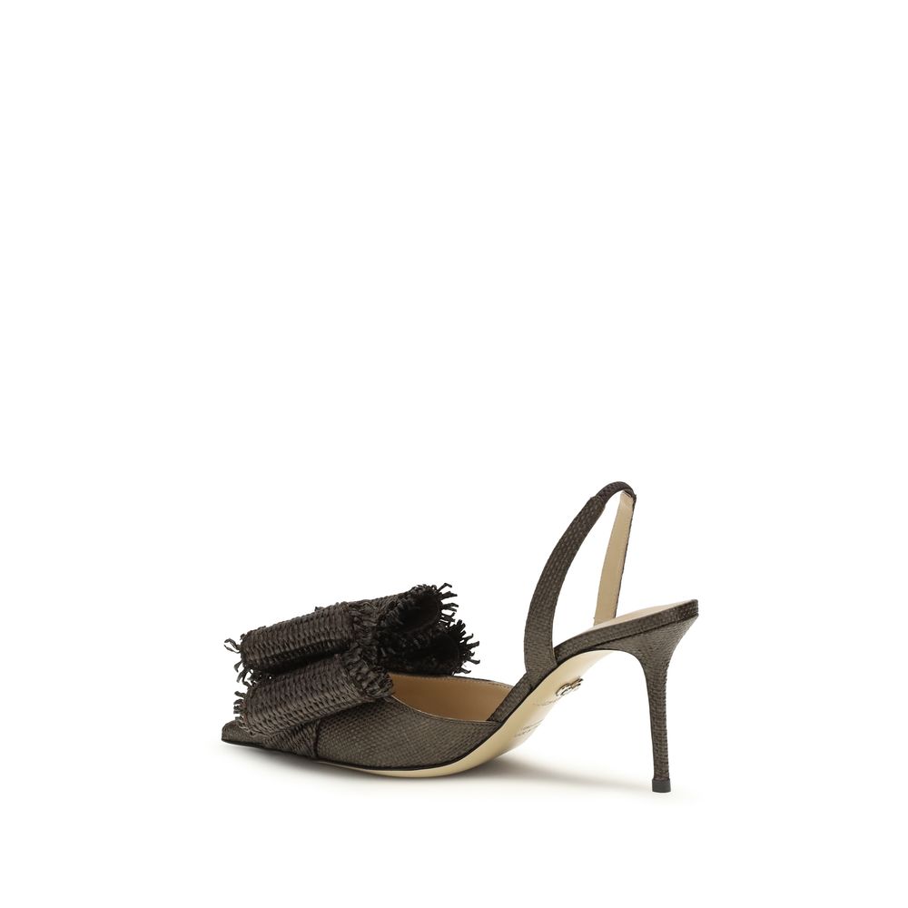 Stiletto Slingback Pumps Heels by MACH & MACH for women in raffia & bos taurus calf leather brown features a effortless chic silhouette, showcasing the Women's Raffia & Bos Taurus Calf Leather Stiletto Slingback Pumps Heels design with a effortless chic stiletto and almond toe style for a effortless chic finish.