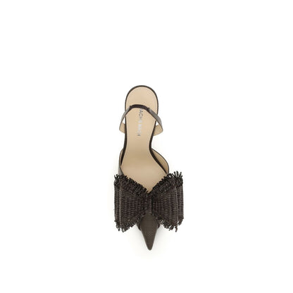 Stiletto Slingback Pumps Heels by MACH & MACH for women in raffia & bos taurus calf leather brown features an effortlessly chic silhouette from the Women's Raffia & Bos Taurus Calf Leather Stiletto Slingback Pumps Heels collection, showcasing a stiletto and effortlessly chic almond toe style for a effortlessly chic look.