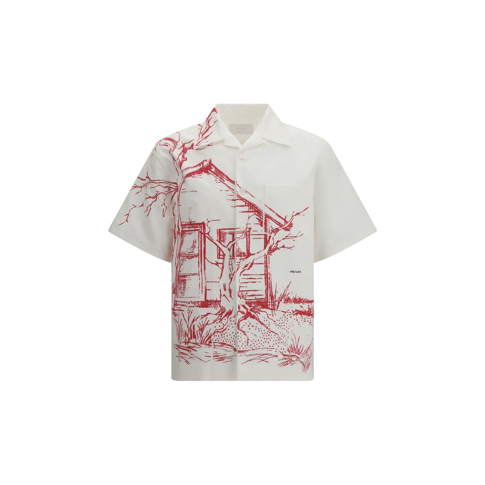 Shirt by Prada for men in cotton white & print showcases a sleek silhouette, elegantly detailed with a sleek and for a sleek finish.