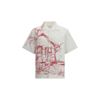 Shirt by Prada for men in cotton white & print showcases a sleek silhouette, elegantly detailed with a sleek and for a sleek finish.