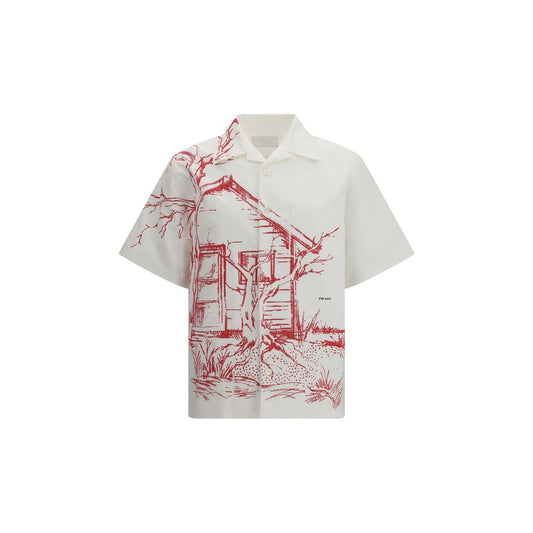 Shirt by Prada for men in cotton white & print showcases a sleek silhouette, elegantly detailed with a sleek and for a sleek finish.