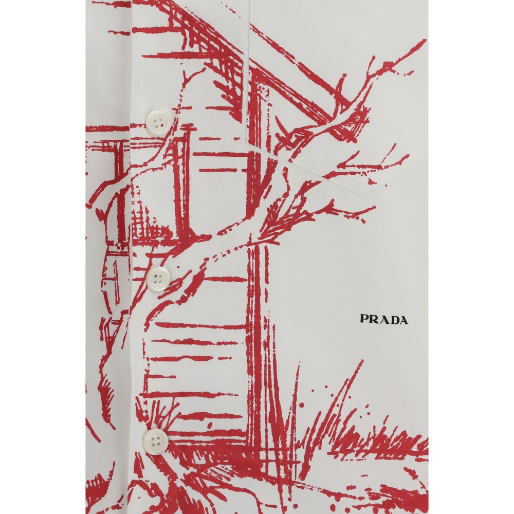 Shirt by Prada for men in cotton white & print features an architectural silhouette with a refined and elegant for a architectural look.