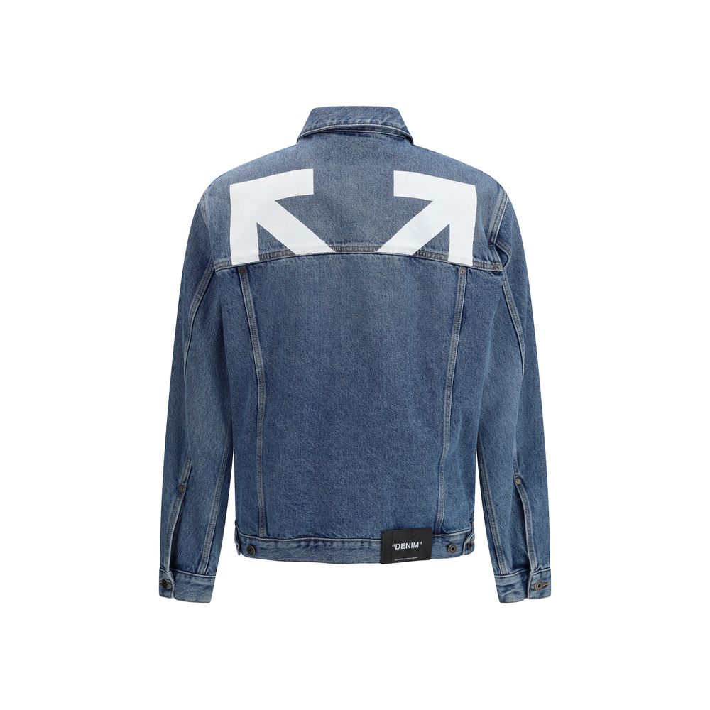 Trucker Jacket by Off-White for men in denim cotton blue, white & signature features a city-ready silhouette, detailed with pockets and a city-ready .