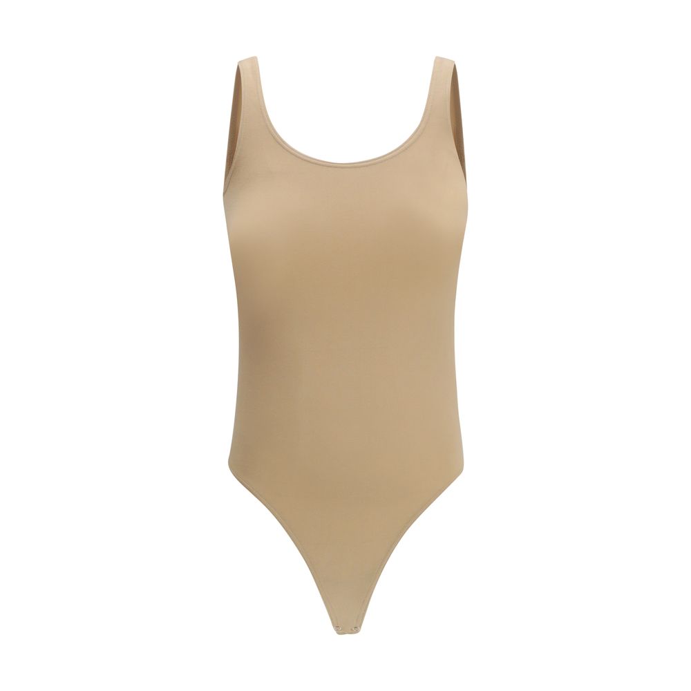 Bodysuit by Wolford for women in stretch polyamide cotton beige showcases a flawless silhouette, elegantly defined by a refined and sleeveless for a flawless and polished finish.