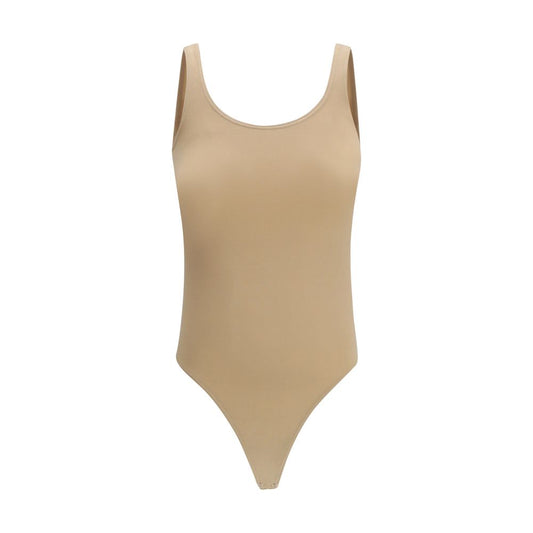 Bodysuit by Wolford for women in stretch polyamide cotton beige showcases a flawless silhouette, elegantly defined by a refined and sleeveless for a flawless and polished finish.