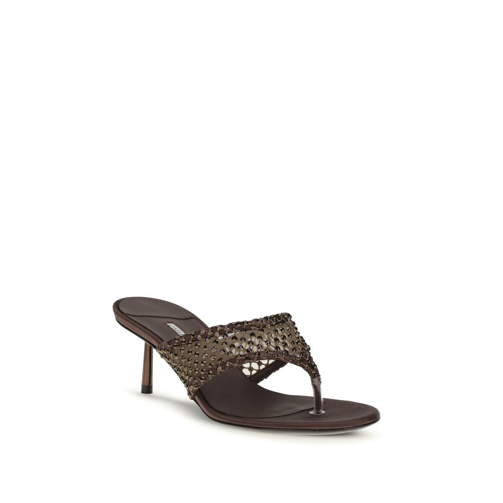 Stiletto Sandals by LE SILLA for women in goatskin leather & crystal brown & gray showcases a sculptural silhouette as Women's Goatskin Leather & Crystal Stiletto Sandals, defined by a sculptural stiletto and sculptural for a sculptural look.
