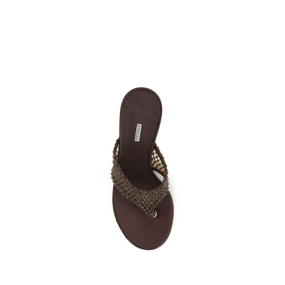 Stiletto Sandals by LE SILLA for women in goatskin leather & crystal and brown & gray presents a captivating silhouette, showcasing the signature style of the Women's Goatskin Leather & Crystal Stiletto Sandals with a captivating stiletto and captivating .