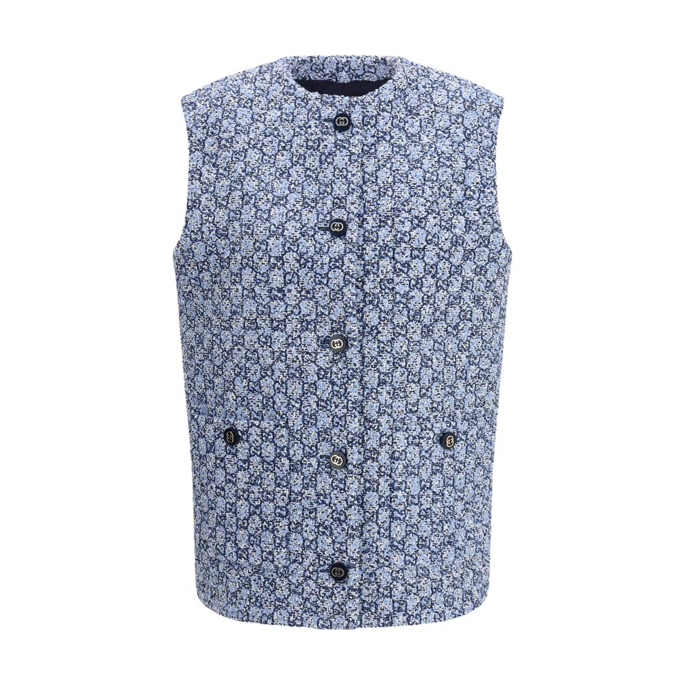 Gucci Gg Women's Crew Neck Cotton Polyester Tweed & Wool Vest - Blue Multicolor