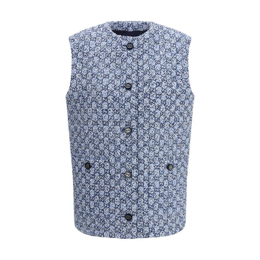 Vest by Gucci for women in cotton polyester tweed & wool blue & multicolor features a chic silhouette, expertly detailed with a refined crew neckline and premium pockets for a truly chic look.