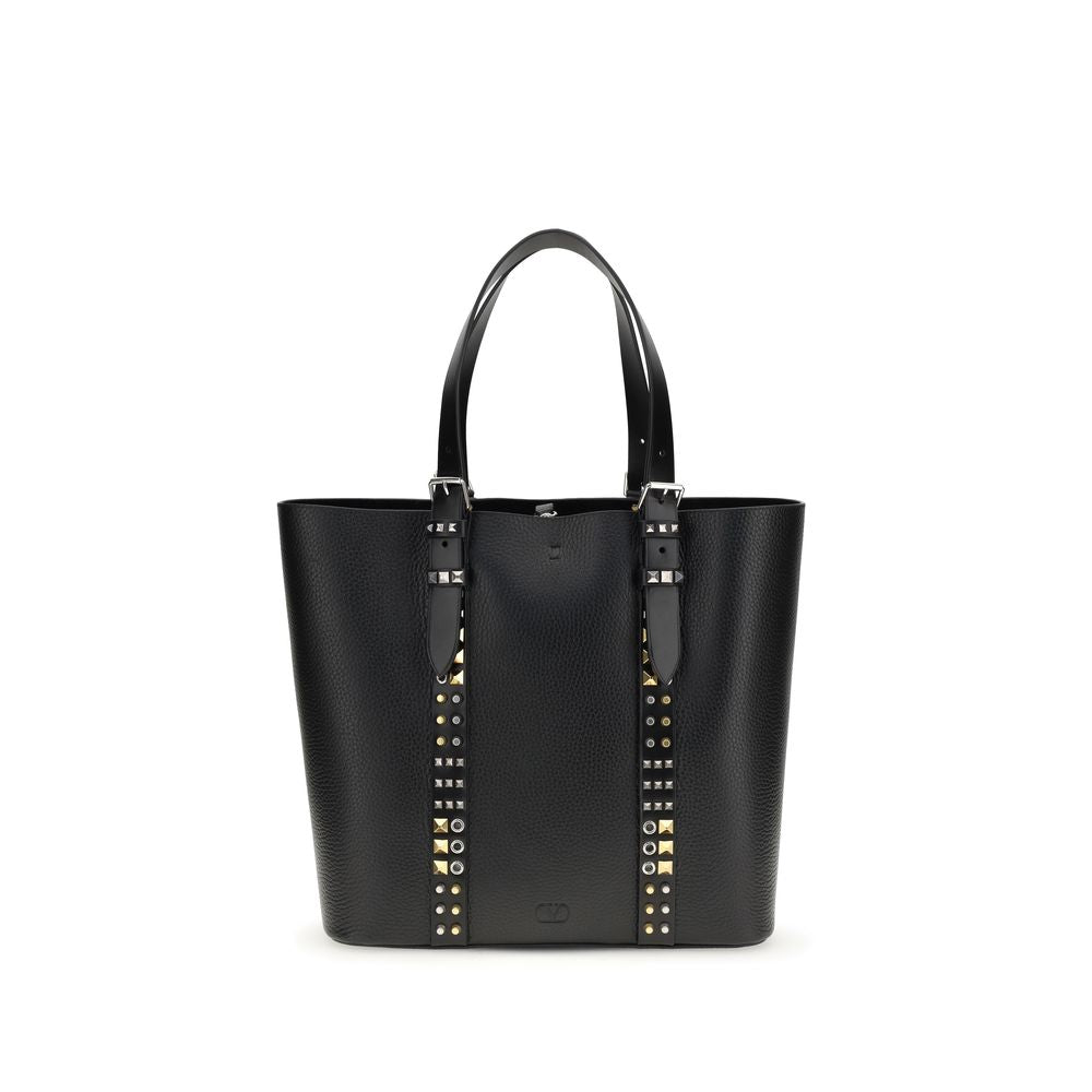 Medium Tote Shoulder Bag by Valentino Garavani for men in bos taurus calf leather black, gold & silver features a effortless sophistication silhouette, secured by a buckle & button with ample and versatile adjustable-strap & handle for a effortless sophistication finish.