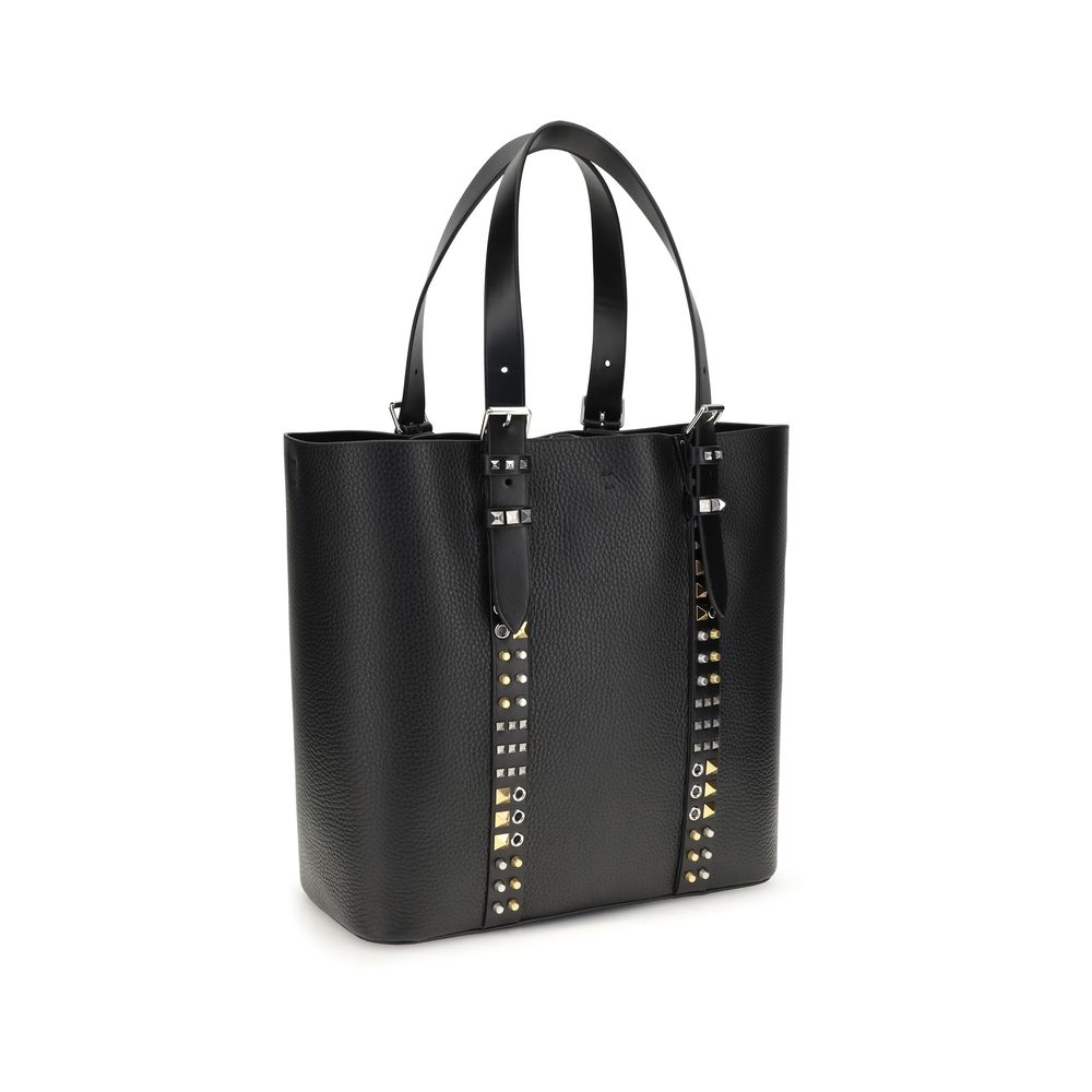 Medium Tote Shoulder Bag by Valentino Garavani for men in bos taurus calf leather black, gold & silver presents a versatile silhouette, showcasing a secure buckle & button and versatile with versatile adjustable-strap & handle for a sophisticated look.