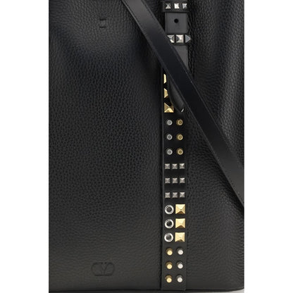 Medium Tote Shoulder Bag by Valentino Garavani for men in bos taurus calf leather black, gold & silver features a effortless chic silhouette with a secure buckle & button, ample , and versatile adjustable-strap & handle for a effortless chic finish.