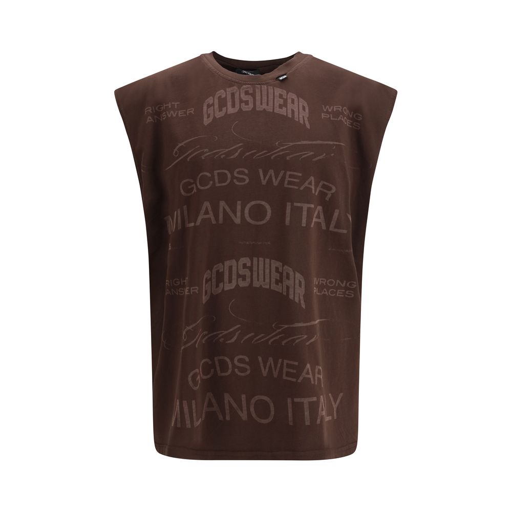 T-Shirt by GCDS for men in cotton brown & print showcases a dramatic silhouette, elegantly detailed with a dramatic crew neckline and sleeveless for a truly dramatic finish.