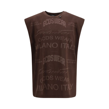 T-Shirt by GCDS for men in cotton brown & print showcases a dramatic silhouette, elegantly detailed with a dramatic crew neckline and sleeveless for a truly dramatic finish.