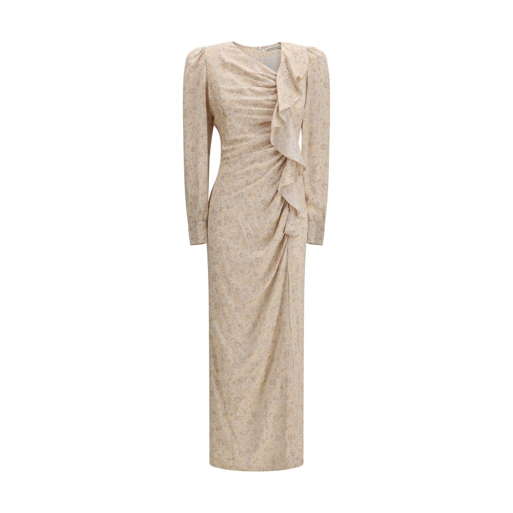 Dress by Alessandra Rich for women in silk beige, patterned, floral, jacquard & print features an eye catching silhouette with a sophisticated , elegant long-sleeve, and a refined long for a eye catching aesthetic.