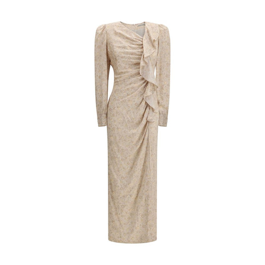 Dress by Alessandra Rich for women in silk beige, patterned, floral, jacquard & print features an eye catching silhouette with a sophisticated , elegant long-sleeve, and a refined long for a eye catching aesthetic.