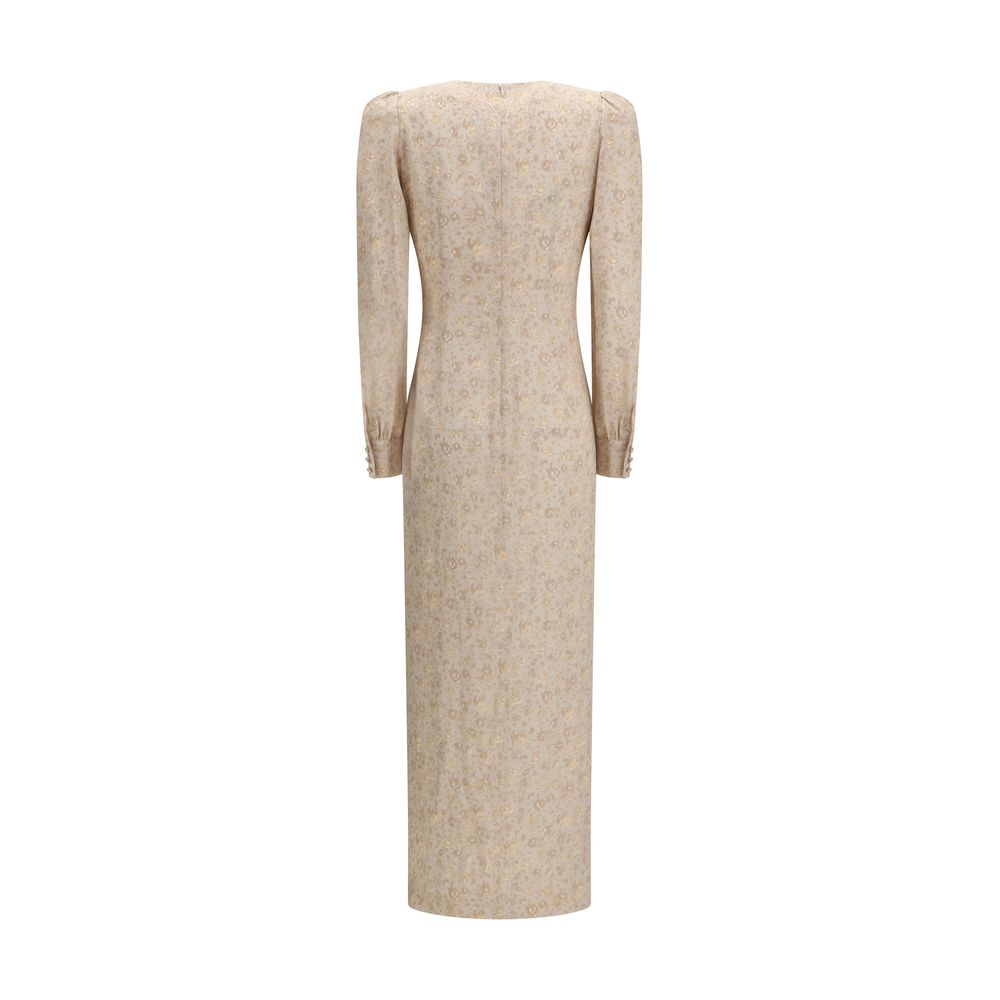 Dress by Alessandra Rich for women in silk beige, patterned, floral, jacquard & print presents a sinuous silhouette, showcasing a sophisticated and detailed with a sinuous long for a refined finish.