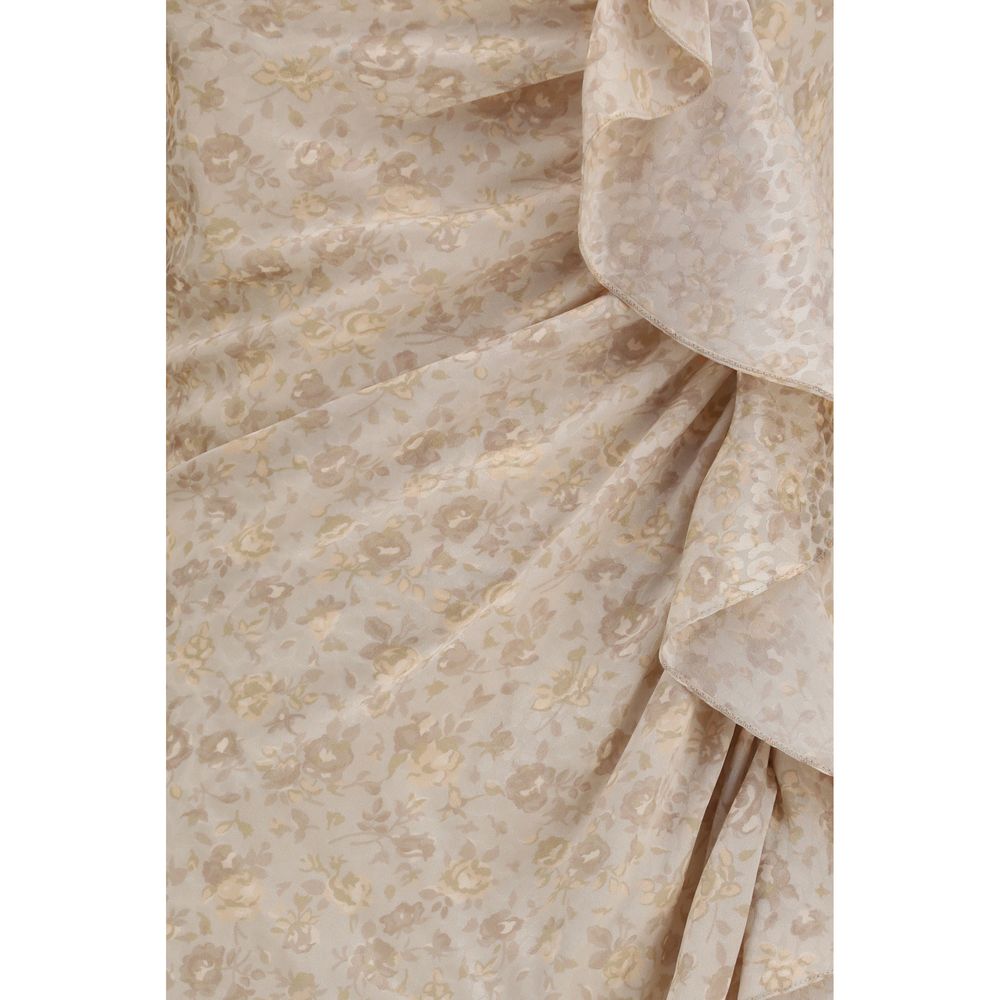 Dress by Alessandra Rich for women in silk beige, patterned, floral, jacquard & print features a dramatic silhouette, showcasing an elegant and that flows into a dramatic long.