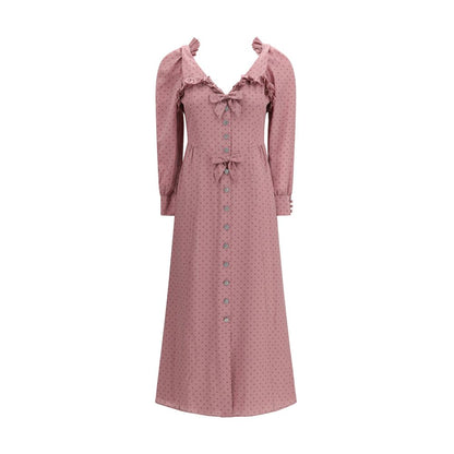 Dress by Alessandra Rich for women in silk multicolor, patterned & print showcases a striking silhouette, elegantly detailed with a long-sleeve, refined v-neck neckline, and a striking midi for a striking finish.