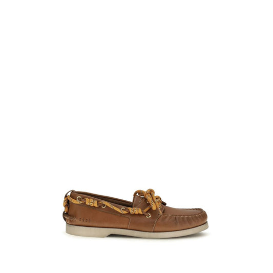 Flat Boat Loafer Slip-On Shoes by Golden Goose for women in bos taurus calf leather brown, gold & orange features an effortless chic silhouette, showcasing the Women's Bos Taurus Calf Leather Flat Boat Loafer Slip-On Shoes design with an effortless chic flat and a for a effortless chic look.