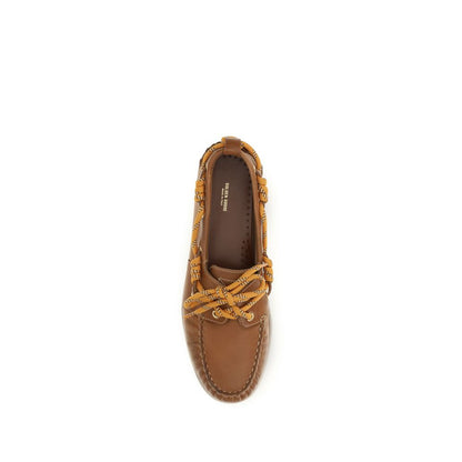 Flat Boat Loafer Slip-On Shoes by Golden Goose for women in bos taurus calf leather brown, gold & orange showcases a timeless silhouette from the Women's Bos Taurus Calf Leather Flat Boat Loafer Slip-On Shoes collection, featuring a timeless flat and for a timeless finish.