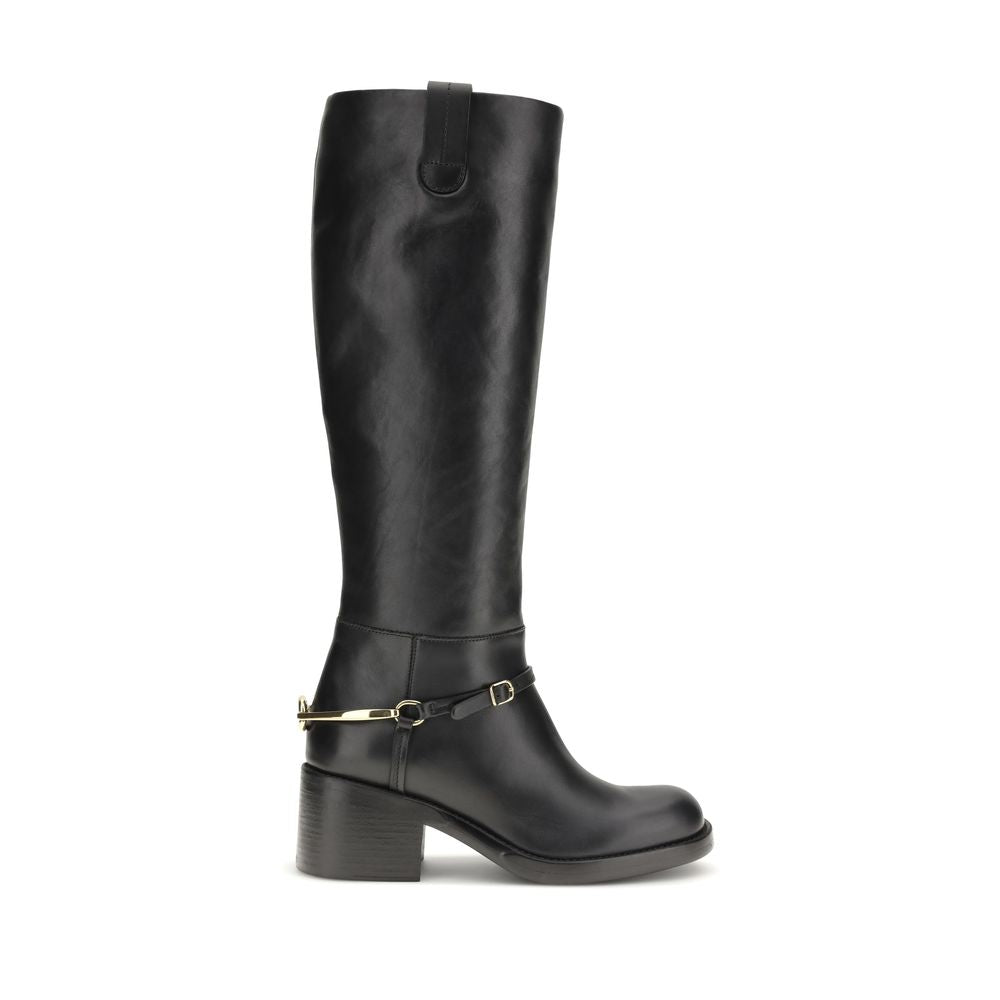 Lace-Up Riding Strap Boots by Chloé for women in bos taurus calfskin leather black & gold showcases a impeccable silhouette as Women's Bos Taurus Calfskin Leather Lace-Up Riding Strap Boots, artfully defined by a impeccable and a impeccable .