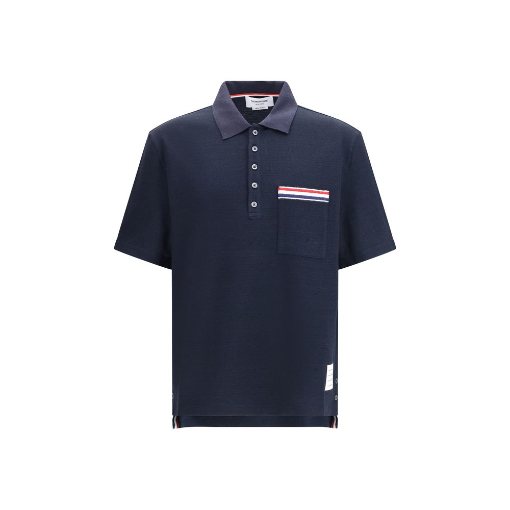 Polo Shirt by Thom Browne for men in cotton linen & polyamide blue, signature & striped presents a distinguished silhouette, showcasing a sophisticated and distinguished for a truly distinguished finish.