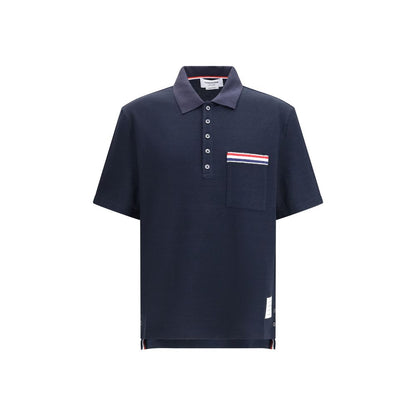 Polo Shirt by Thom Browne for men in cotton linen & polyamide blue, signature & striped presents a distinguished silhouette, showcasing a sophisticated and distinguished for a truly distinguished finish.