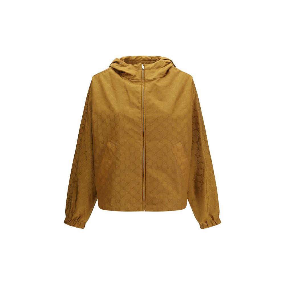 Hooded Windbreaker Jacket by Gucci for women in nylon beige & jacquard features an stylish silhouette, showcasing a sophisticated hooded neckline and performance-driven lightweight, pockets, hooded & windproof for a premium, stylish look.