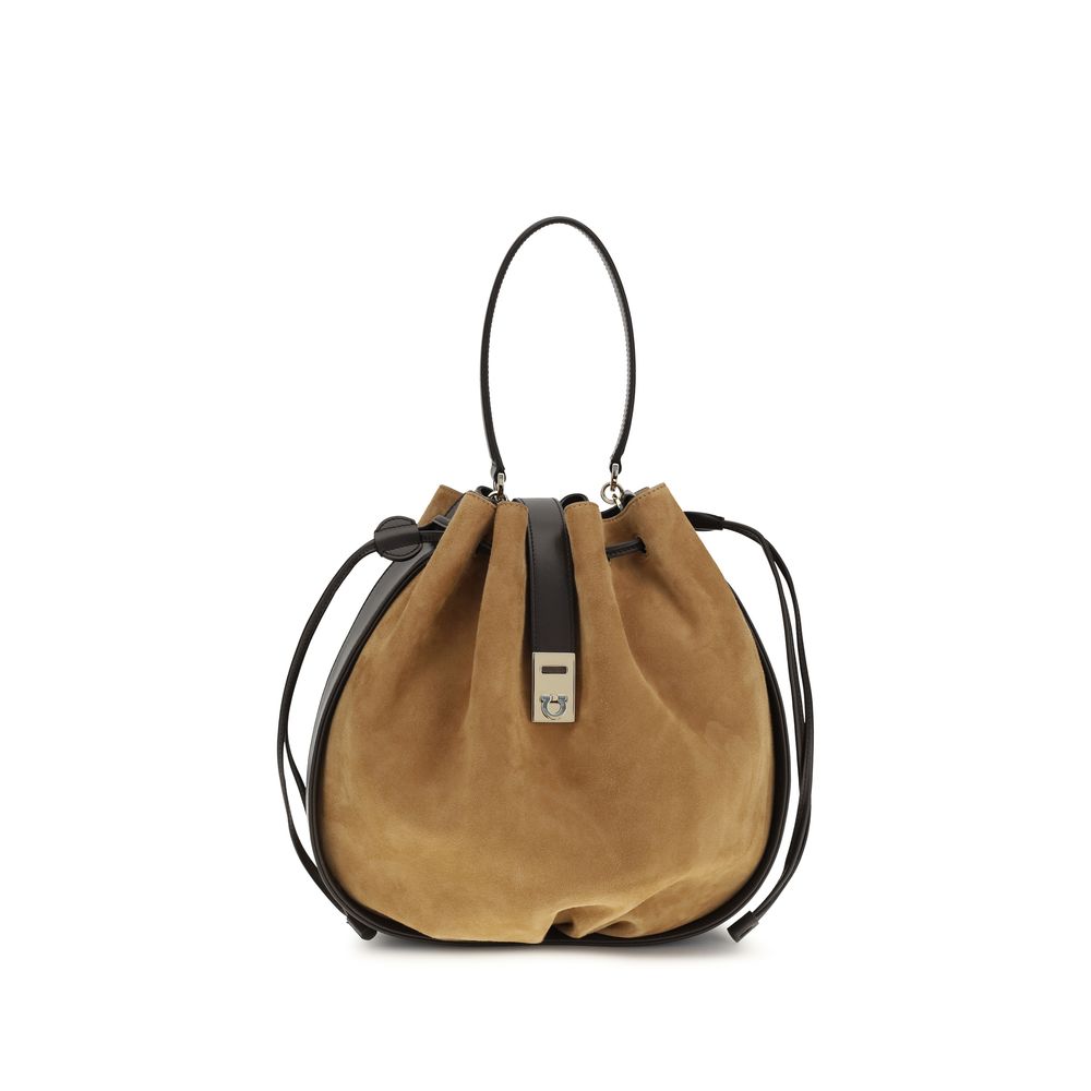 Ferragamo Bos Taurus Calf Leather & Polyurethane Shoulder Bucket Bag - Brown Print