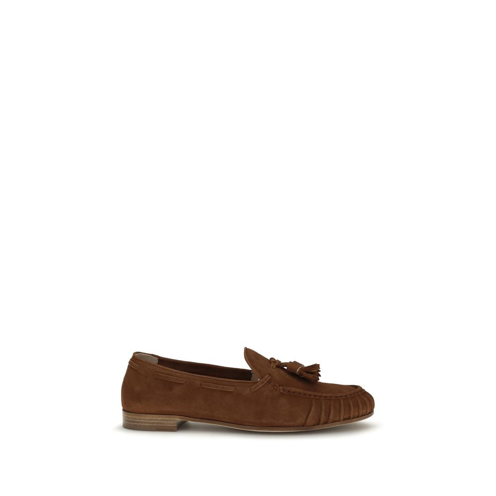 Flat Loafer Slip-On Shoes by Fratelli Rossetti for women in bos taurus calf suede leather brown features an effortless chic silhouette, showcasing the Brera Women's Bos Taurus Calf Suede Leather Flat Loafer Slip-On Shoes design with an effortless chic flat and a for a effortless chic look.