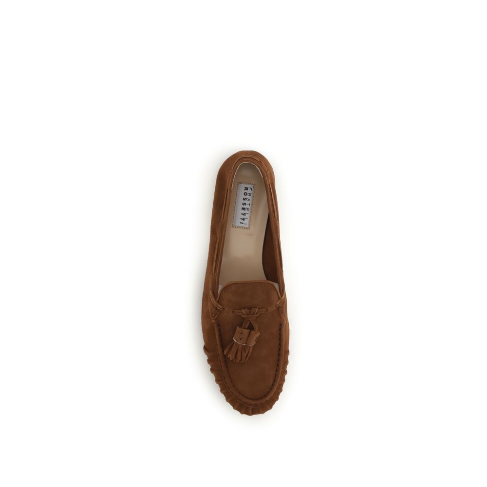 Flat Loafer Slip-On Shoes by Fratelli Rossetti for women in bos taurus calf suede leather brown features an effortless chic silhouette, showcasing the Brera Women's Bos Taurus Calf Suede Leather Flat Loafer Slip-On Shoes design with an effortless chic flat and a for a effortless chic look.