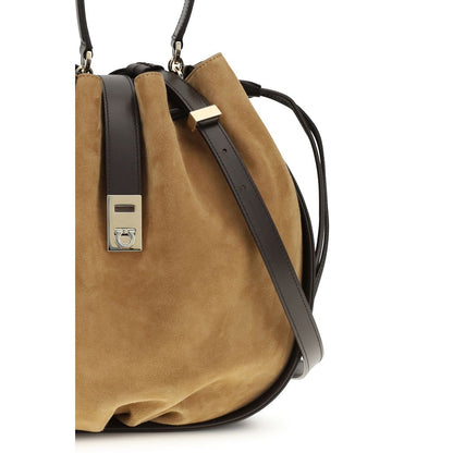 Ferragamo Bos Taurus Calf Leather & Polyurethane Shoulder Bucket Bag - Brown Print