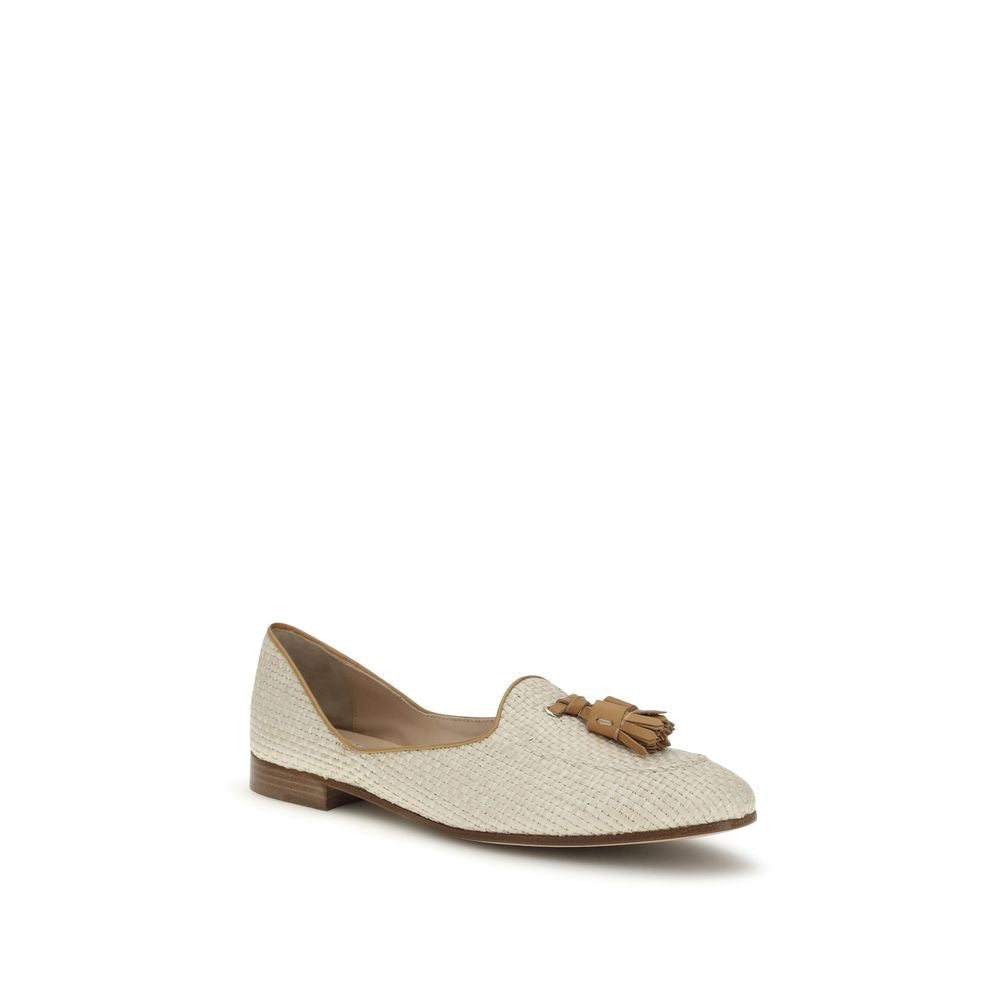 Flat Loafer Slip-On Shoes by Fratelli Rossetti for women in raffia & bos taurus calf leather beige showcases a resplendent Women's Raffia & Bos Taurus Calf Leather Flat Loafer Slip-On Shoes aesthetic, defined by its resplendent and elegant flat.