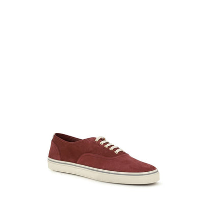 Sneakers by Brunello Cucinelli for men in bos taurus calfskin leather & cotton bordeaux presents a sumptuous silhouette, artfully capturing the essence of the Men's Low Top Bos Taurus Calfskin Leather & Cotton Sneakers with its sumptuous low-top style design.