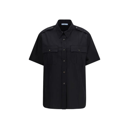 Shirt by Prada for women in cotton black showcases a sharp silhouette, elegantly detailed with a sharp and sharp short-sleeve.