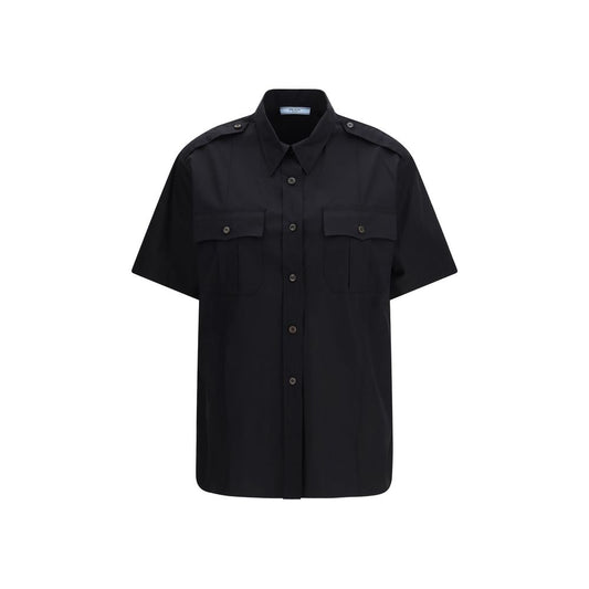 Shirt by Prada for women in cotton black showcases a sharp silhouette, elegantly detailed with a sharp and sharp short-sleeve.