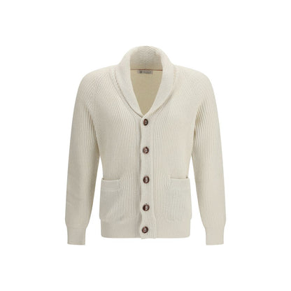 Cardigan by Brunello Cucinelli for men in cotton beige showcases a captivating silhouette, artfully detailed with a captivating and lapel shawl-collar neckline for a truly sophisticated captivating look.