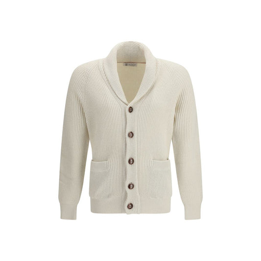 Cardigan by Brunello Cucinelli for men in cotton beige showcases a captivating silhouette, artfully detailed with a captivating and lapel shawl-collar neckline for a truly sophisticated captivating look.
