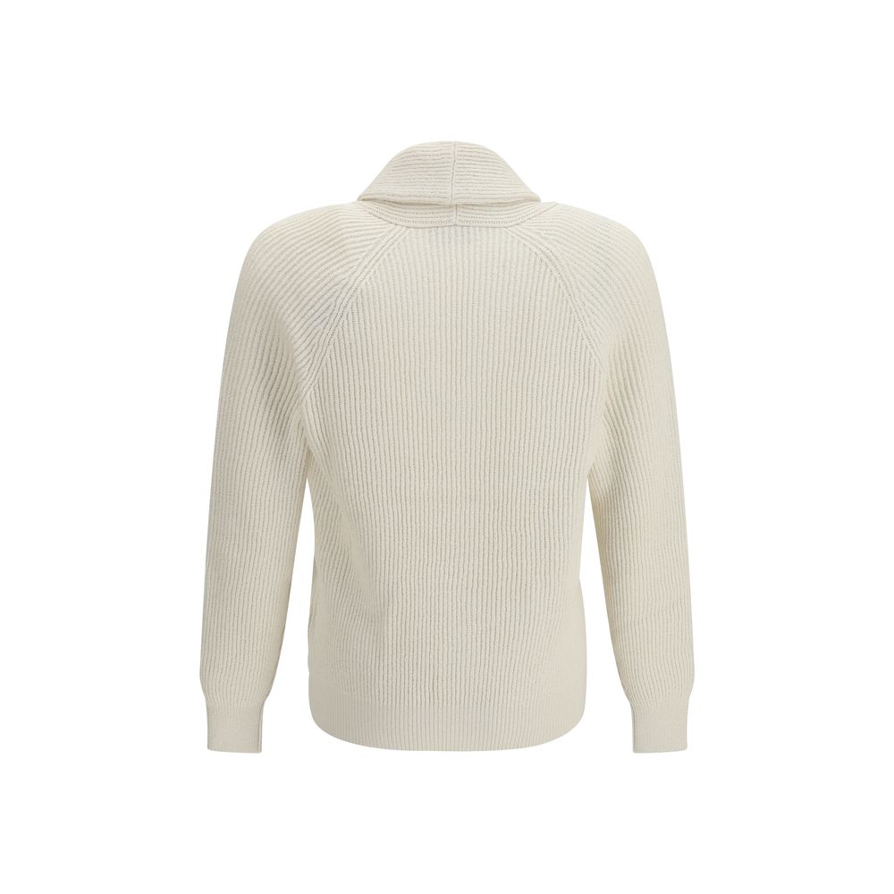 Cardigan by Brunello Cucinelli for men in cotton beige showcases a luxurious silhouette, meticulously detailed with a sophisticated lapel shawl-collar neckline and for a refined finish.