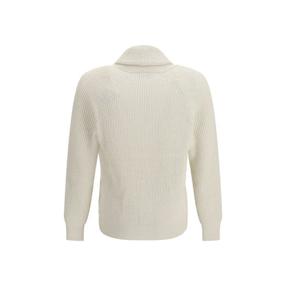 Cardigan by Brunello Cucinelli for men in cotton beige showcases a luxurious silhouette, meticulously detailed with a sophisticated lapel shawl-collar neckline and for a refined finish.