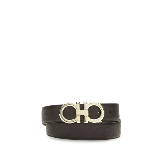 Belt by Ferragamo for men in bos taurus calfskin leather brown, gold & natural features an artisanal finish, elegantly showcasing the signature style and artisanal craftsmanship of the Gancini Bos Taurus Calfskin Leather Belt design.