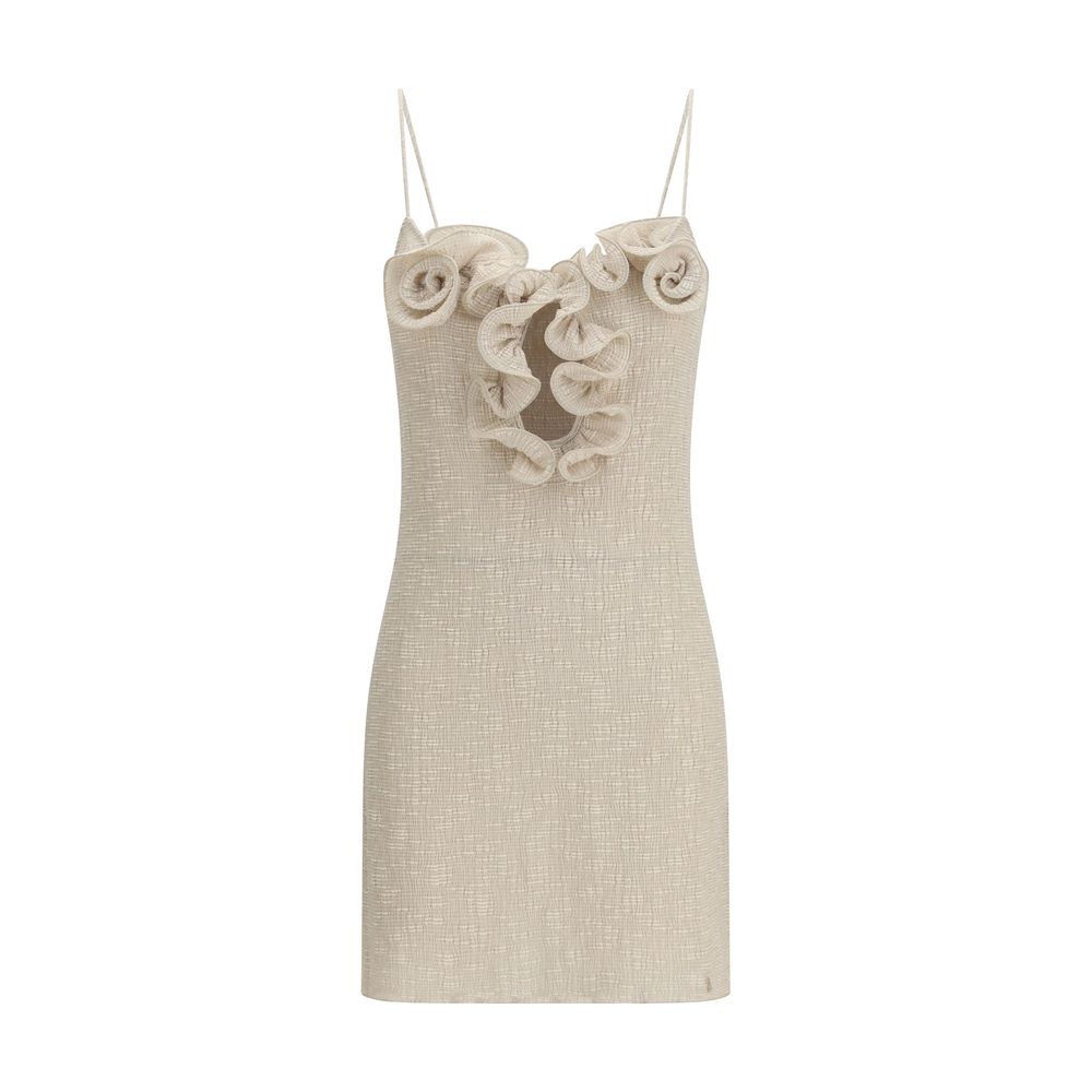 Dress by Magda Butrym for women in polyester cotton & lyocell beige & floral features an cute silhouette, detailed with a sleeveless and that elegantly flows into a cute short mini.