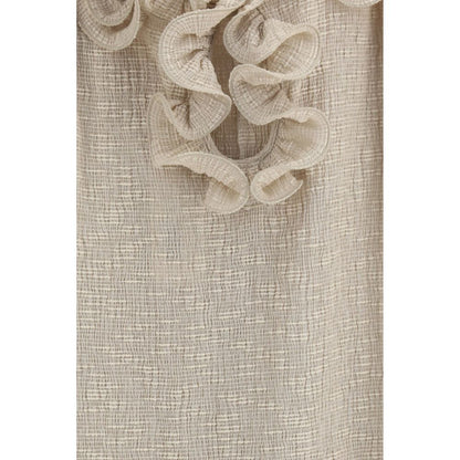 Dress by Magda Butrym for women in polyester cotton & lyocell beige & floral features an eye catching silhouette with a sophisticated , elegant , and a refined short mini for a eye catching aesthetic.