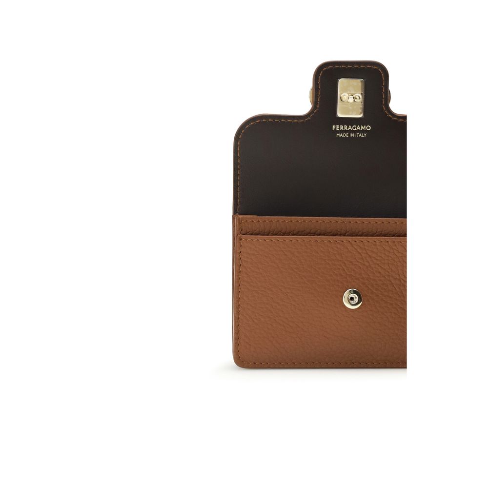 Cardholder Wallet by Ferragamo for women in bos taurus calfskin leather brown presents a streamlined silhouette, showcasing the sophisticated design of the Gancini Bos Taurus Calfskin Leather Cardholder Wallet collection with functional card-organization.